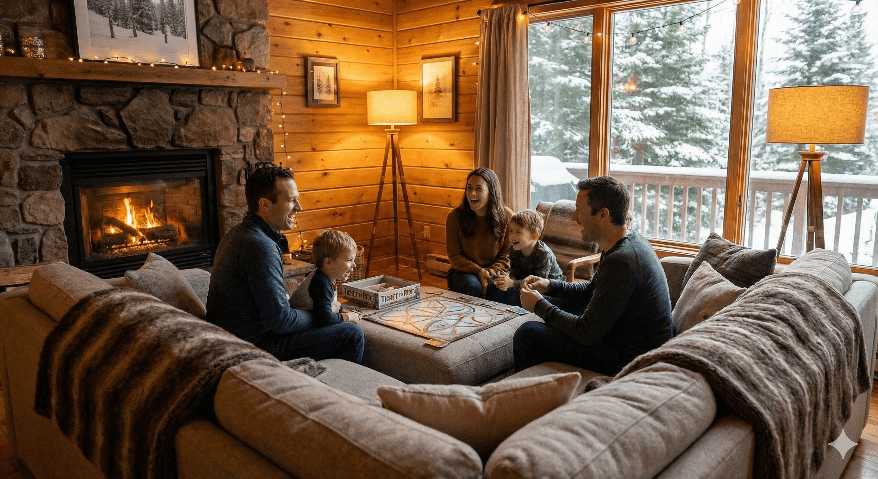Family in cozy cabin